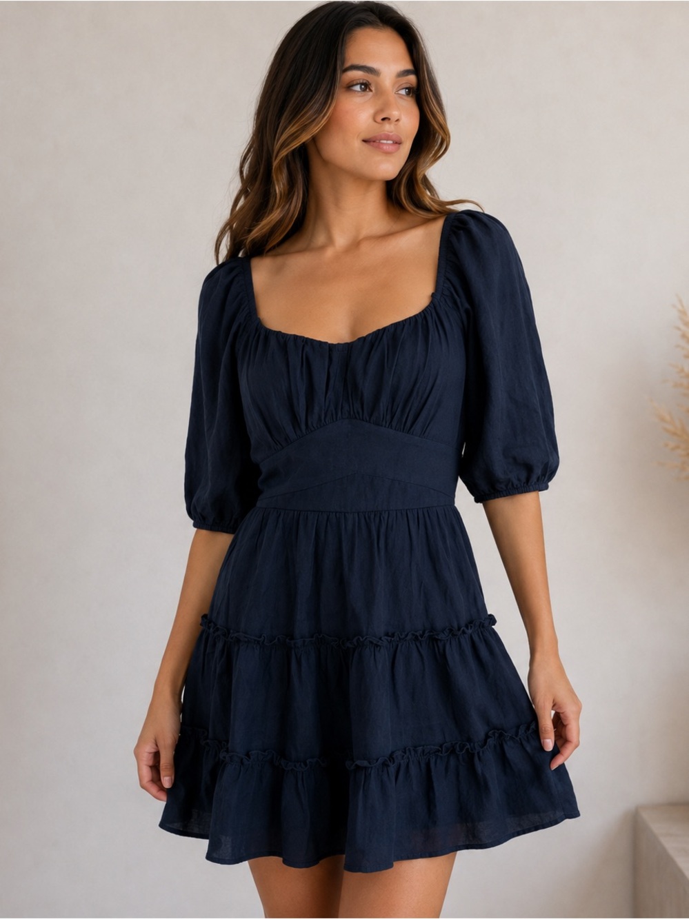 Trixxi Navy Blue Dress Tiered Mini‎ Square Neck Puff Sleeve L